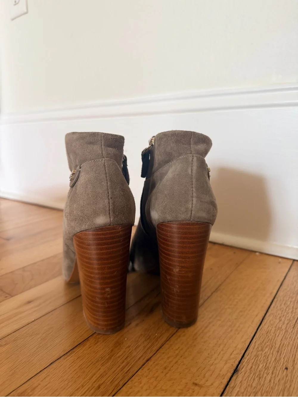 Tory Burch Taupe Suede Stacked Heel Ankle Booties